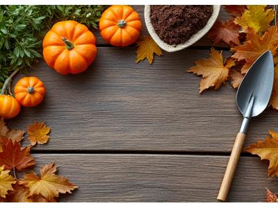 Autumn leaves and gardening tools laid out, symbolizing fall garden preparation.