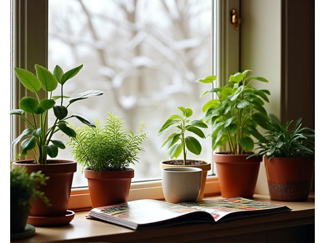Cozy indoor scene with potted houseplants thriving by a window, and gardening catalogs for winter planning.