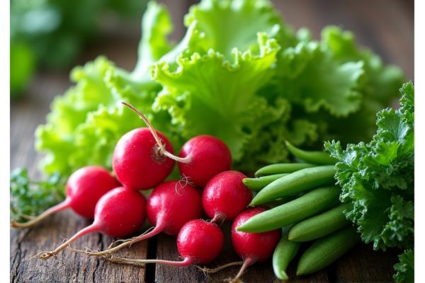 Lush green lettuce and cheerful radish sprouts in a garden bed