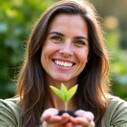 Friendly gardening expert smiling, surrounded by lush green plants