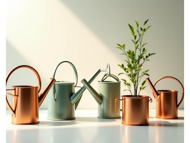 Elegant decorative watering cans in various colors and materials
