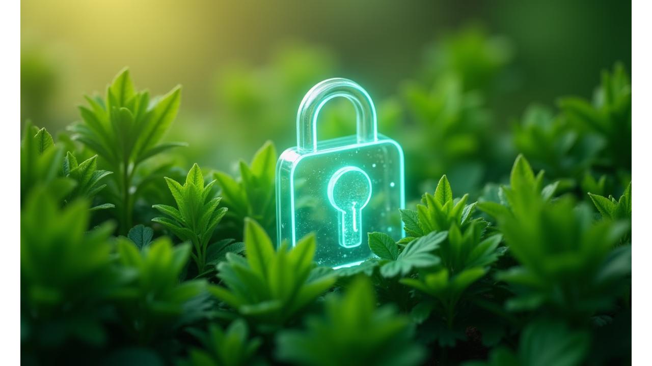 A secure, digital lock nestled amongst delicate green leaves, symbolizing data protection in a natural, nurturing environment.