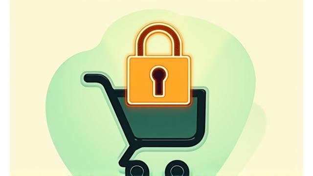 Illustration of a secure online transaction with a padlock icon over a shopping cart.