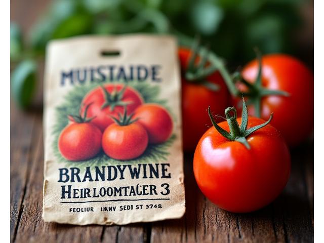 Packet of 'Brandywine' heirloom tomato seeds with a plump, ripe tomato nearby on a rustic wooden table.