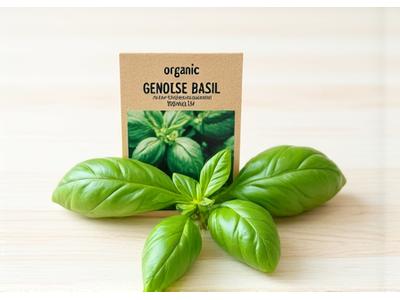 Packet of organic basil seeds and fresh basil leaves on a white background.