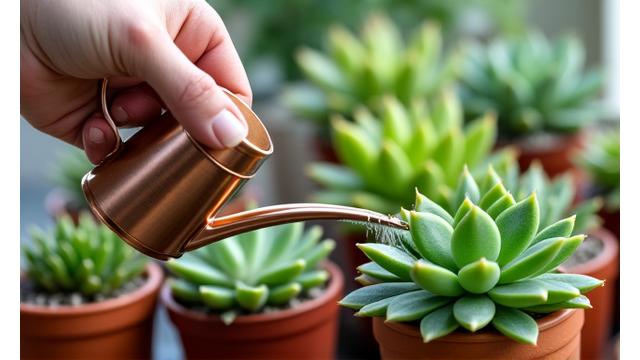 A collection of vibrant green succulents in small pots, meticulously watered by a sleek watering can held by a hand.