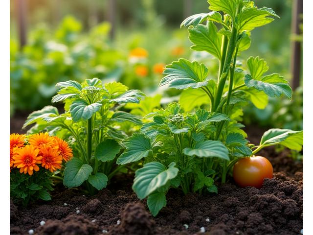 Companion plants like marigolds and tomatoes growing harmoniously together in a vibrant garden bed.