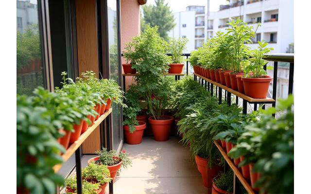 Cozy balcony with tiered planters and hanging baskets brimming with herbs and small vegetables.